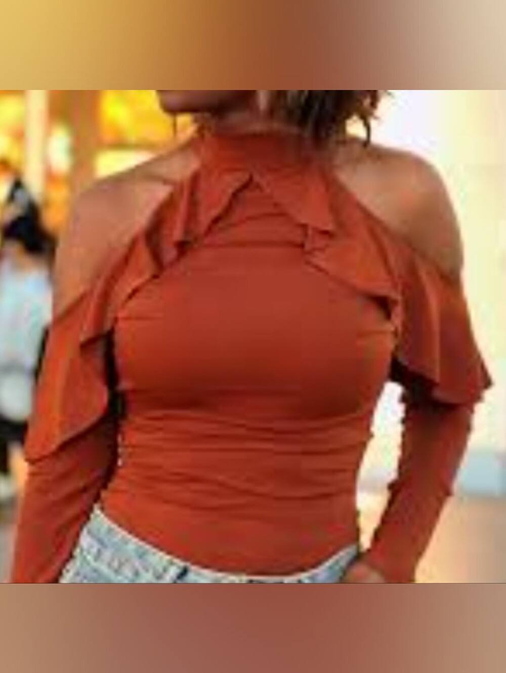 VENUS Black Cold-Shoulder Ruffle Mock Neck Long Sleeve Top